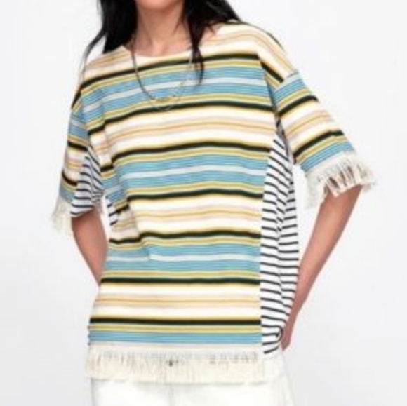Zara striped short-sleeve top fringe hem - Picture 1 of 5